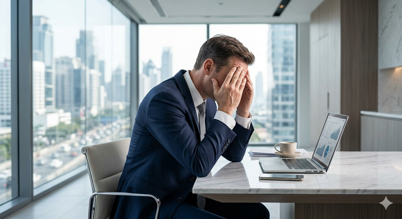 Executivo de terno azul em escritório moderno com as mãos no rosto expressando cansaço, estresse e burnout diante do notebook.
