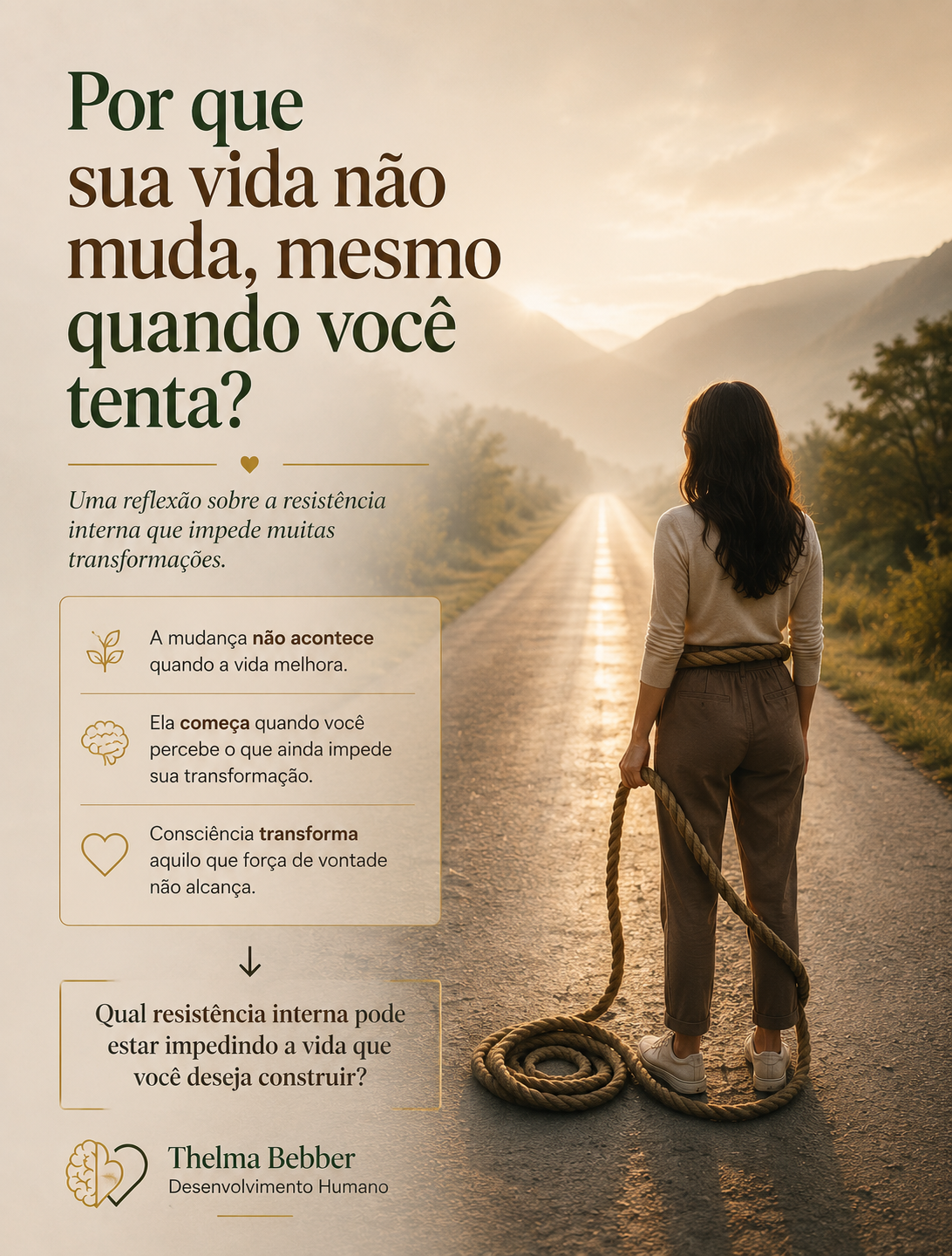 Ilustração simbólica de uma mulher parada em uma estrada iluminada, segurando uma corda presa ao próprio corpo sem perceber. A imagem representa padrões inconscientes e resistências internas que podem impedir a transformação pessoal. Contém o título: "Por que sua vida não muda, mesmo quando você tenta?" e convida à reflexão sobre autoconhecimento, desenvolvimento humano e mudança de padrões.