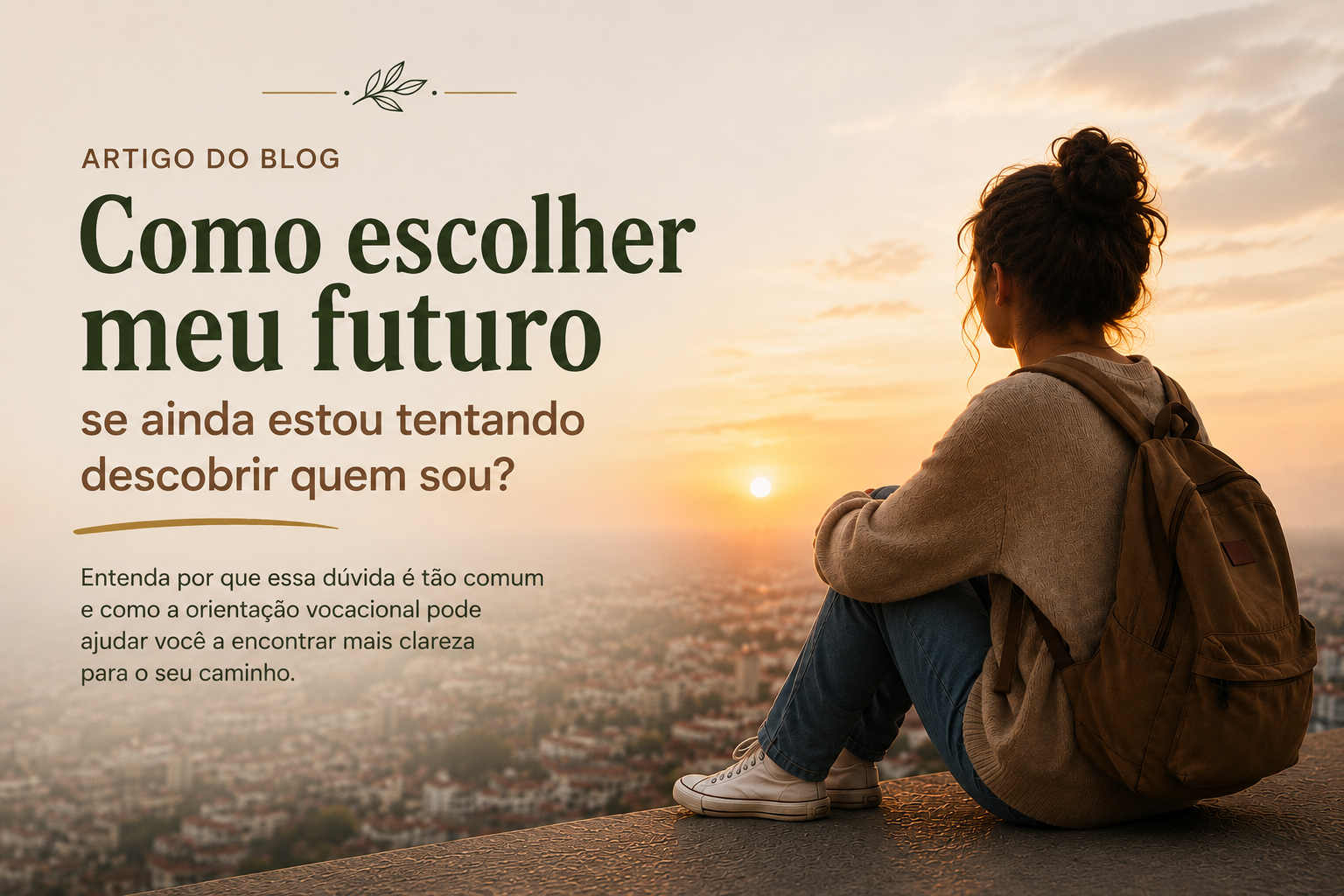 Adolescente sentada observando o horizonte ao pôr do sol e refletindo sobre seu futuro e escolhas profissionais.