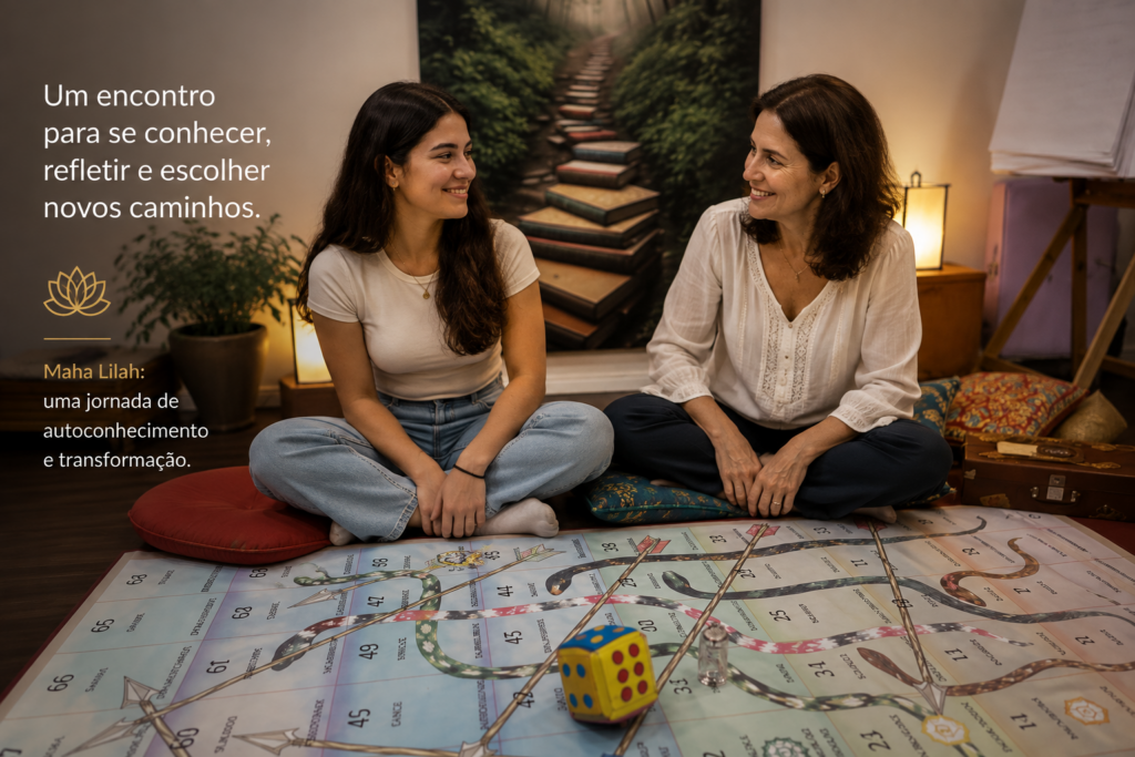 Mãe e filha participam de uma sessão de Maha Lilah, o Mapa da Jornada da Alma, em um processo de autoconhecimento e orientação vocacional.