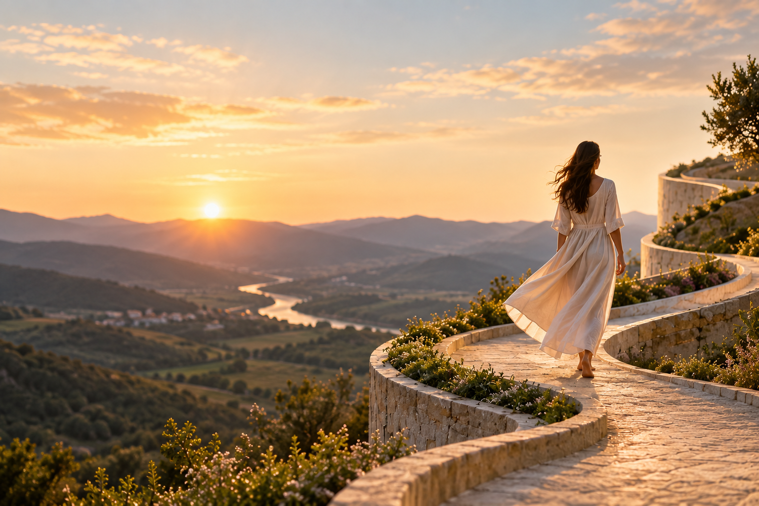 Mulher caminhando por um caminho em espiral ao pôr do sol, representando novos olhares sobre a própria história na Jornada da Alma