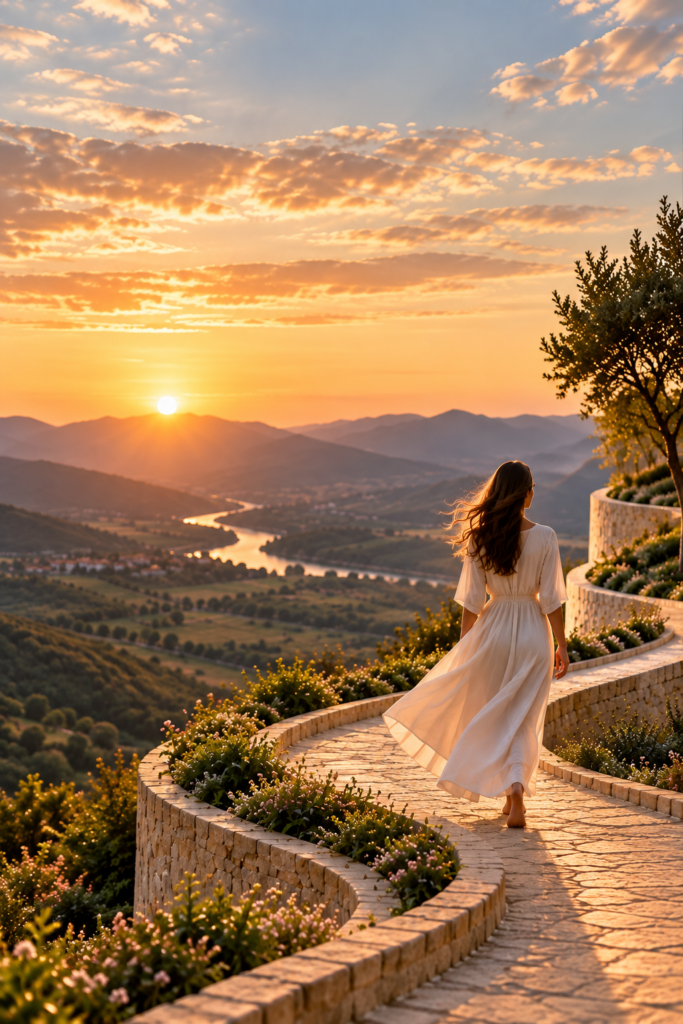 Mulher caminhando por um caminho em espiral ao pôr do sol, representando novos olhares sobre a própria história na Jornada da Alma