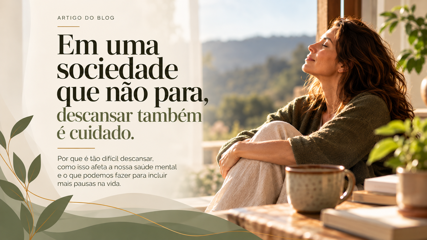 Mulher descansando junto à janela, com os olhos fechados, em um ambiente tranquilo e iluminado pelo sol.
